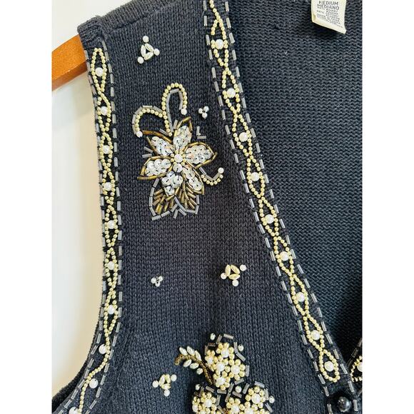 Embellished 90s Sweater Vest Vintage Black Knit with Gold Beads Size Medium - Picture 8 of 9